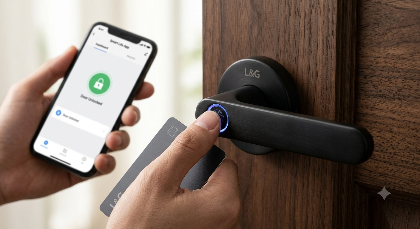 L&G Smart Door Lock showing handle-integrated fingerprint sensor, RFID keycard tap zone, and mobile app unlocking interface.