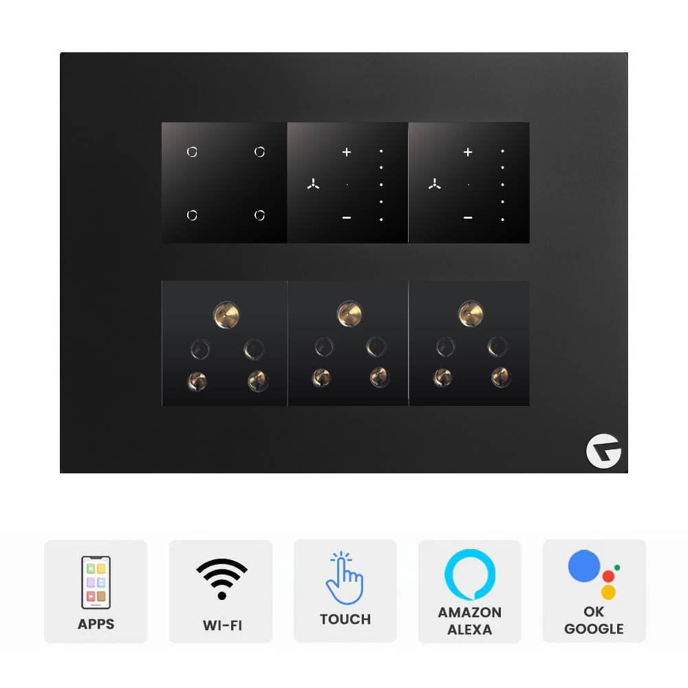 L&G 12M WiFi Switch Board (4 Switches + 2 Fan + 2 Sockets) | Smart Switches for Home | German Technology (Size: 12M – 220 x 165 x 45 mm)